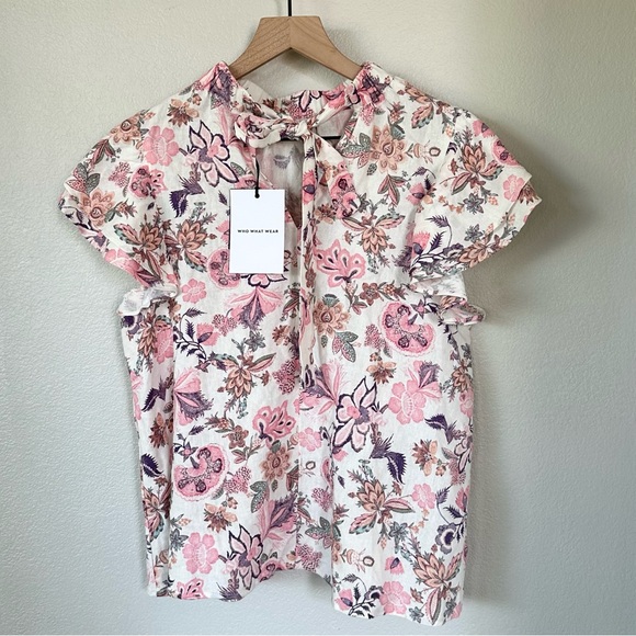 WHO WHAT WEAR NWT 2pc XL 14 Linen Blend High Neck Flutter Sleeve Top Shorts Set - Picture 7 of 15